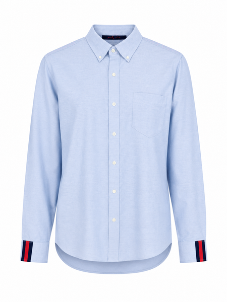 Ben Oxford Cloth Shirt - White w Navy & Red Stripe Ribbon