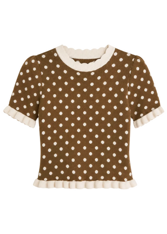 Polka Dot Ruffled Short Sleeves Sweater Knit Top