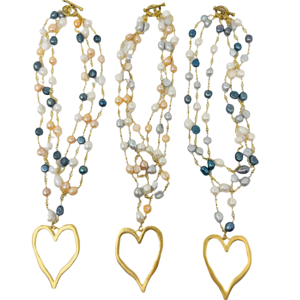 Pearl Bezel Rosary Triple Layer w/ XL Heart