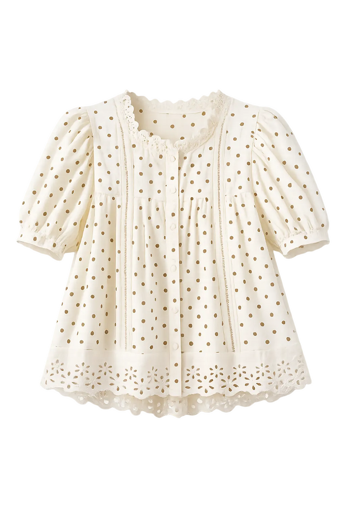 Polka Dot Cotton Lace Trim Short Sleeve Blouse Top