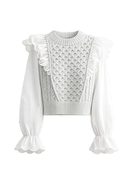 Ruffle Trimmed Long Sleeve Mix Media Blouse