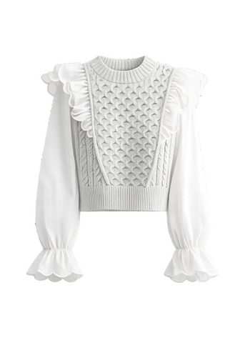 Ruffle Trimmed Long Sleeve Mix Media Blouse