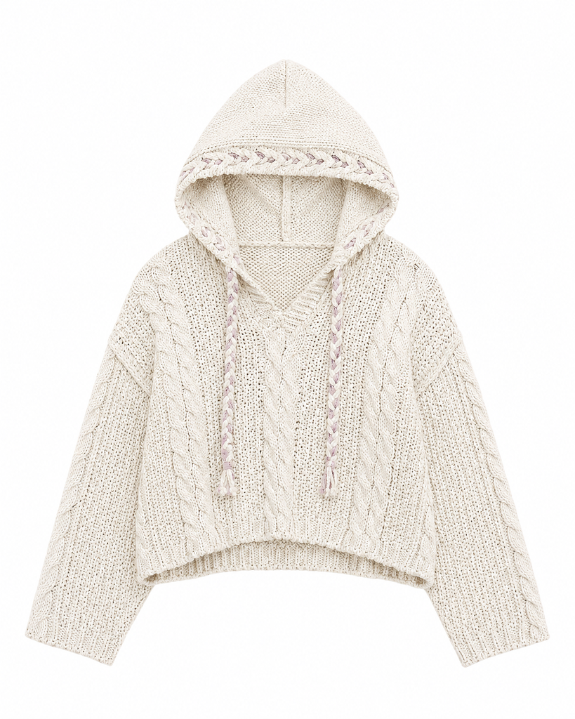 Oversize Fit V-Neck Hooded Cable Knit Chenille Sweater