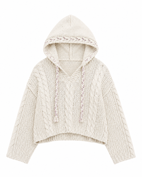 Oversize Fit V-Neck Hooded Cable Knit Chenille Sweater