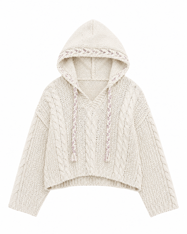 Oversize Fit V-Neck Hooded Cable Knit Chenille Sweater
