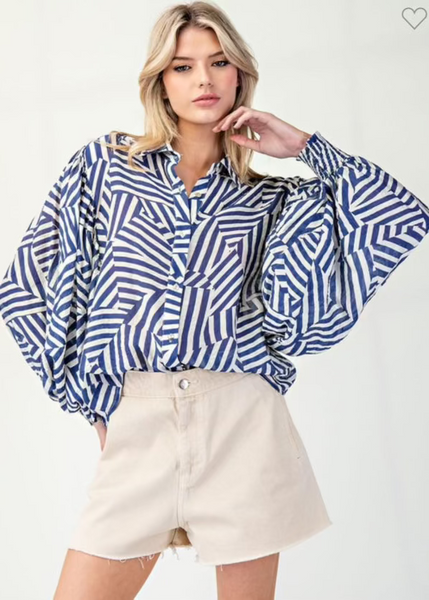 Printed Bubble Sleeve Button Down Top