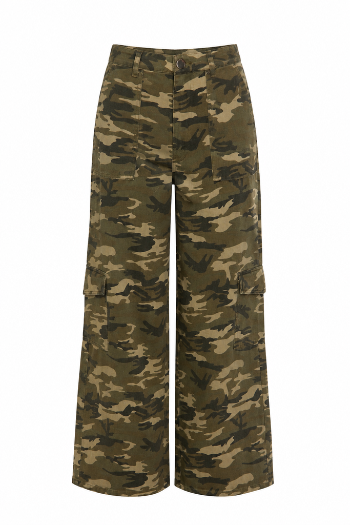 Camo Print Wide Leg Denim Pants