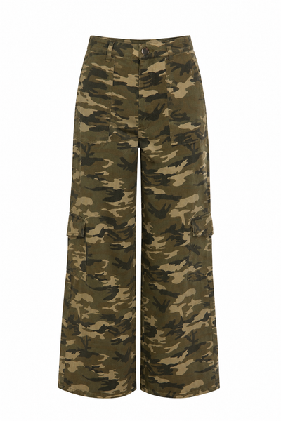 Camo Print Wide Leg Denim Pants