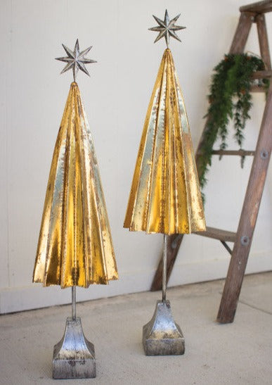 Set of 2 Folded Gold Metal Trees with Silver Star
