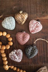 Set of 6 Colored Glass Christmas Heart Ornaments