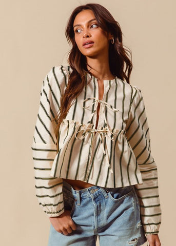 Front Tie Stripe Blouse