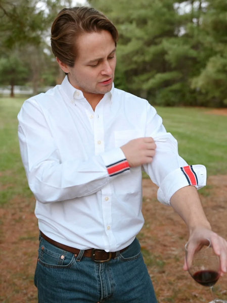 Ben Oxford Cloth Shirt - White w Navy & Red Stripe Ribbon