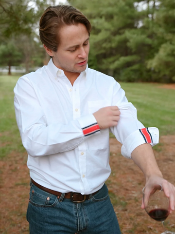 Ben Oxford Cloth Shirt - White w Navy & Red Stripe Ribbon