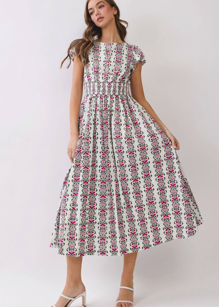 Floral Stripe Smocked Waist Midi Dress