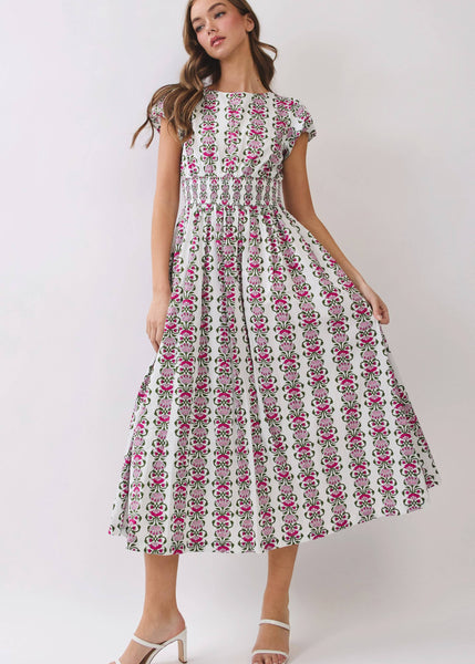 Floral Stripe Smocked Waist Midi Dress