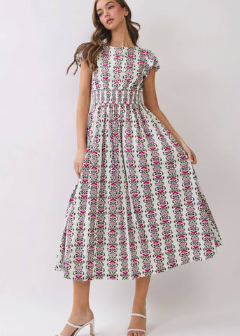 Floral Stripe Smocked Waist Midi Dress