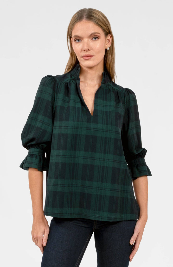 Gretchen Scott LLC - Ruffleneck Tunic - Black Watch Plaid - Navy/Green / L