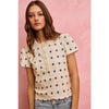 So Me - POLK-A-DOT KNIT LACE TRIM ON NECKLINE SHORT TOP - OFF WHITE/BLACK / L