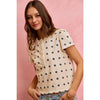So Me - POLK-A-DOT KNIT LACE TRIM ON NECKLINE SHORT TOP - OFF WHITE/BLACK / L