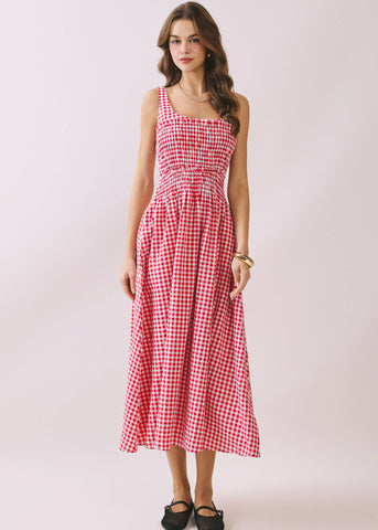 Gingham Smocked Bodice Midi Dress