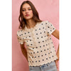 So Me - POLK-A-DOT KNIT LACE TRIM ON NECKLINE SHORT TOP - OFF WHITE/BLACK / XL