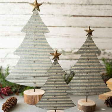 corrugated galvanized christmas trees on wood base