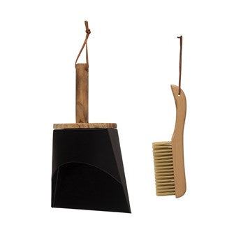 Beech Wood Brush & Metal Dust Pan w/ Leather Straps, Natural & Black