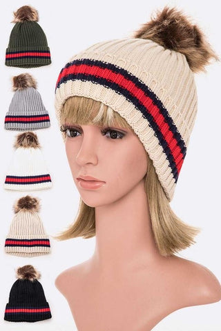Stripe Ribbed Cuff Fur Pom Beanie