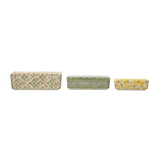 Hand-Stamped Stoneware Ramekins with Patterns, Multi Color, Set of 3