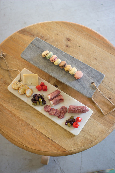 white marble long cutting board w/rope handle