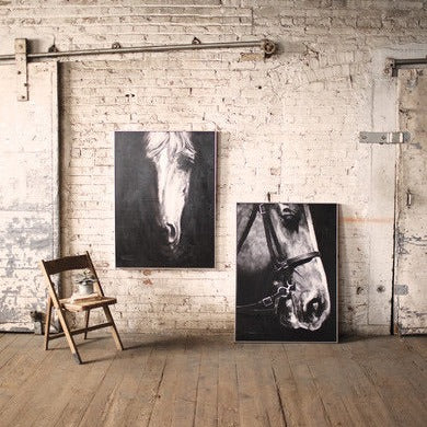 oil painting \ black and white front view horse with silver frame
